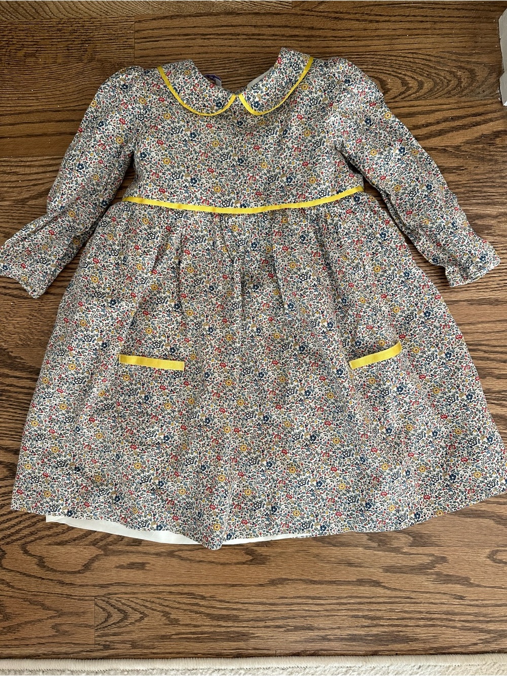 Sue Hill Floral Peter Pan Collar Long-Sleeve Dress with Yellow Trim, lined, 4T